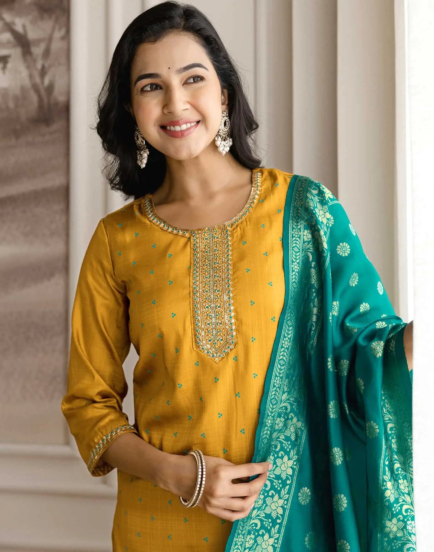 Yellow Silk Embroidered Straight Kurta Set with Pant & Dupatta. is perfect for weddings, festive occasions