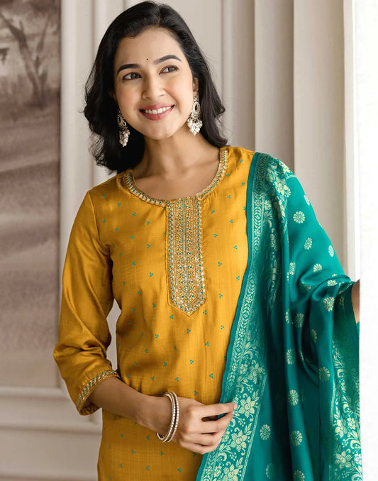 Yellow Silk Embroidered Straight Kurta Set with Pant & Dupatta. is perfect for weddings, festive occasions