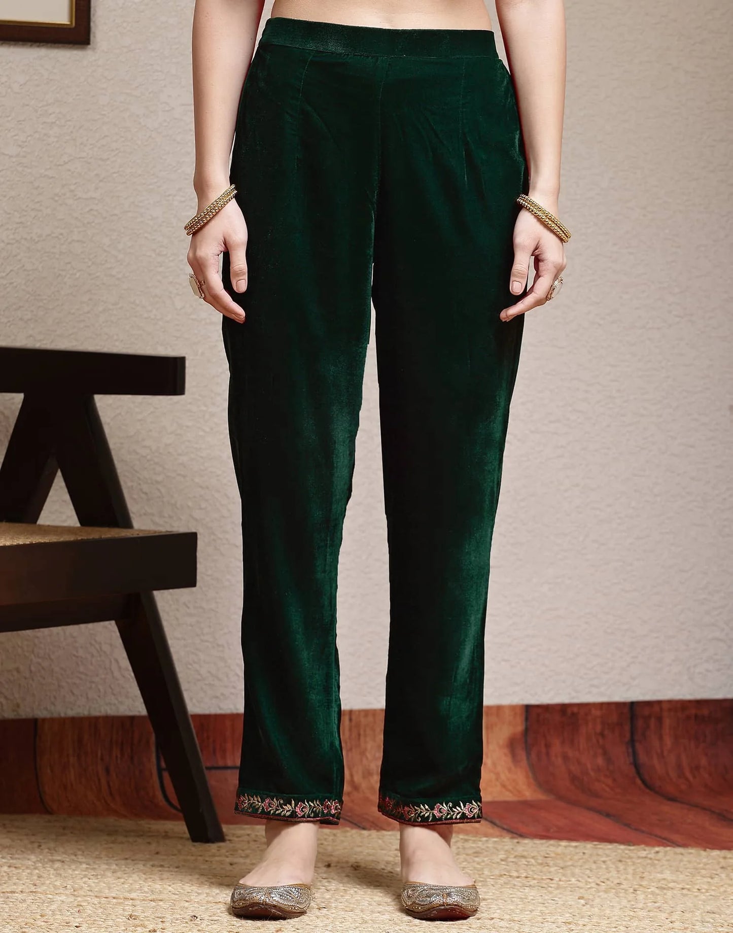 Affordable Dark Green Velvet Kurta Set with dupatta 