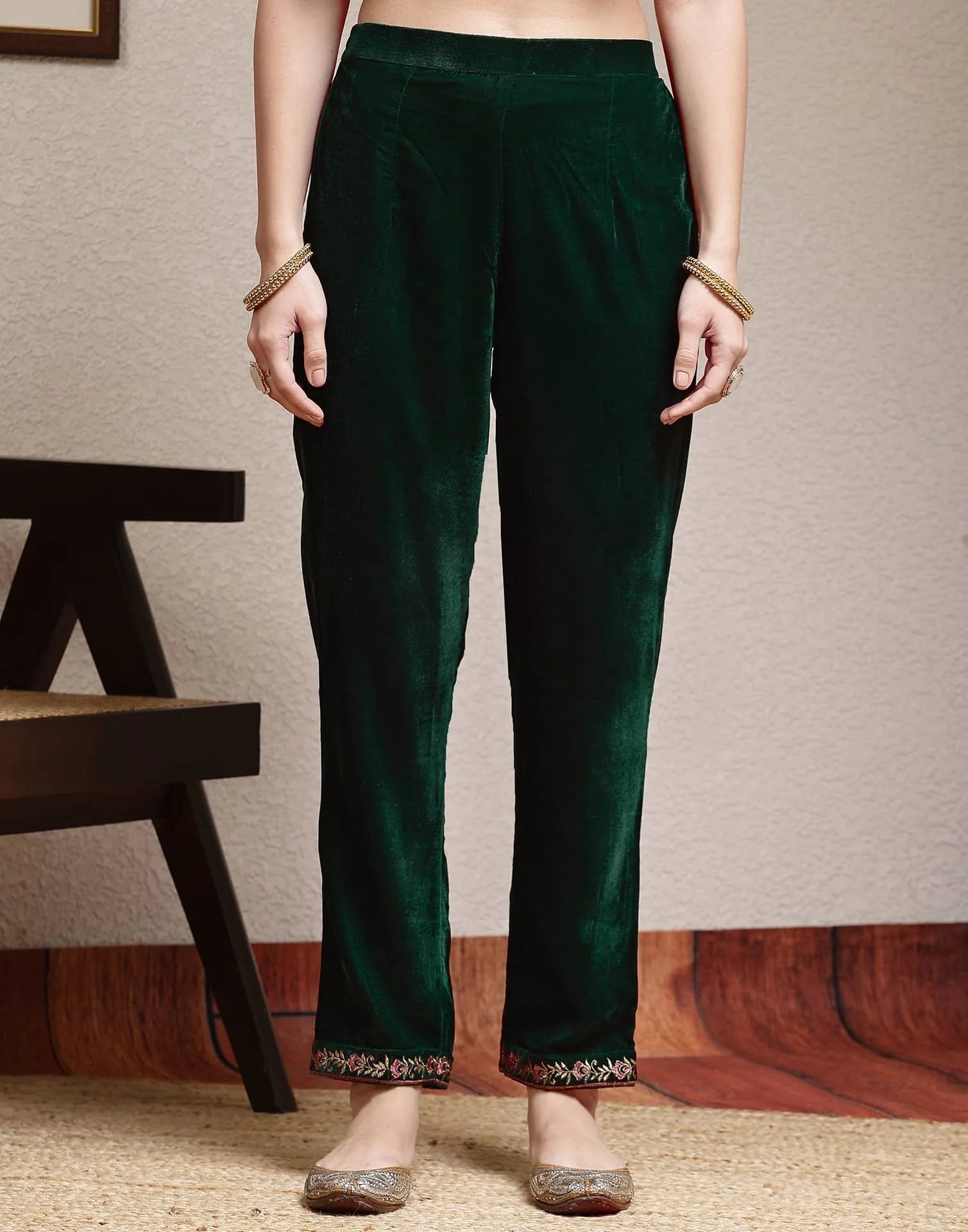 Affordable Dark Green Velvet Kurta Set with dupatta 