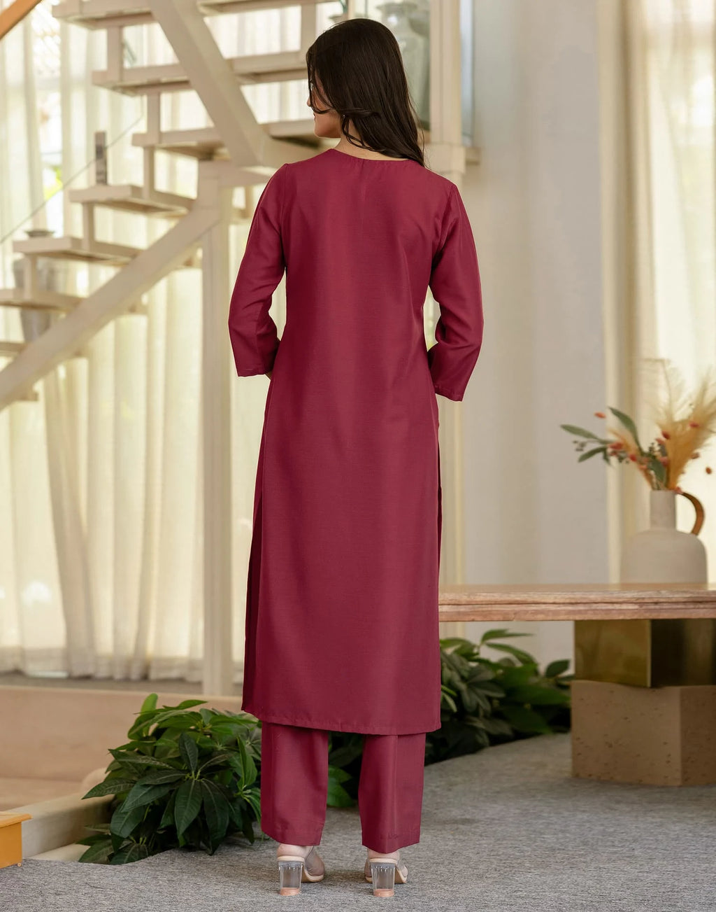 Skylee Viscose Rayon Plain Straight 3 Piece Kurta Set For Woman