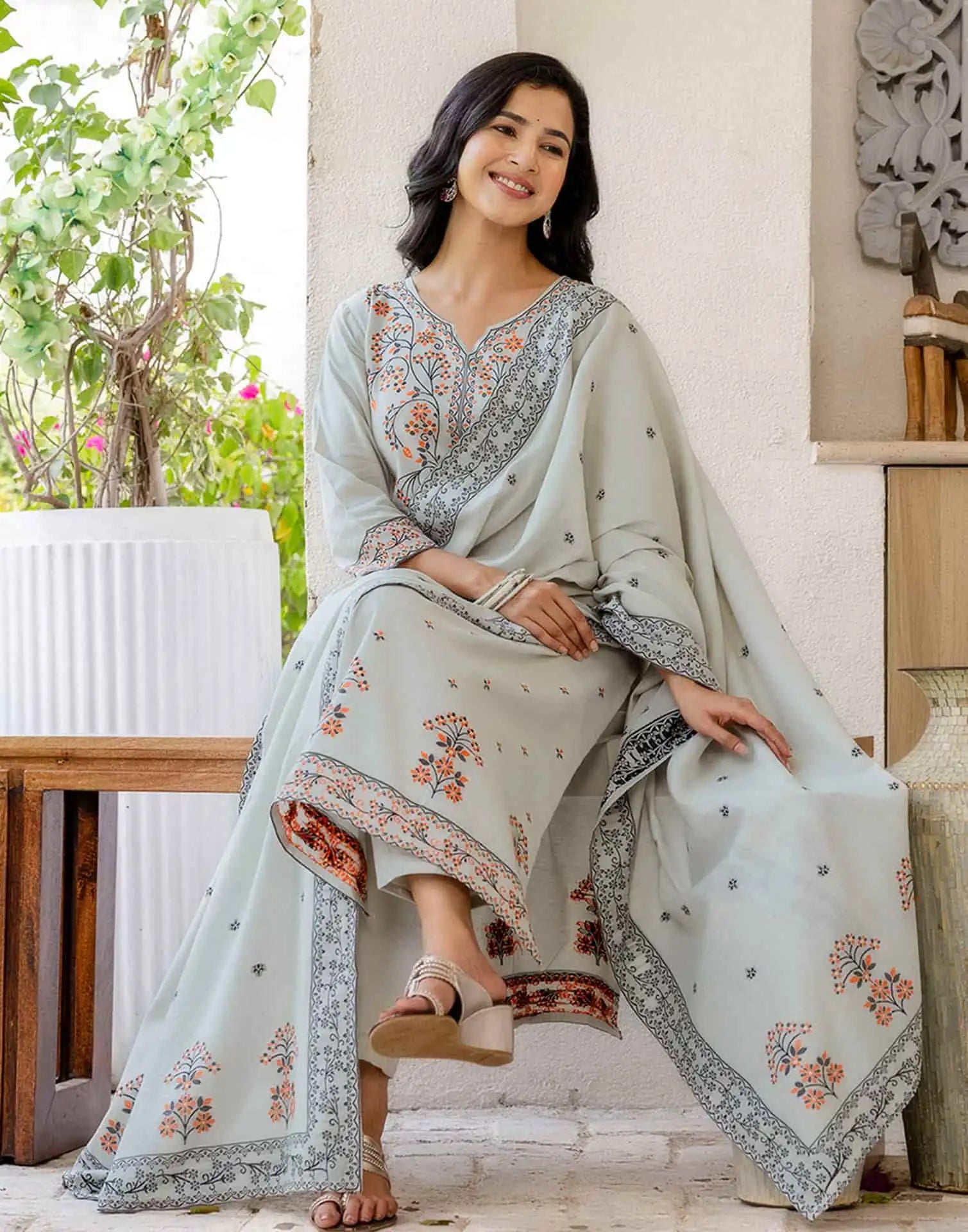 Grey Cotton Woven Straight Kurta Set with Pant & Dupatta under 1250 