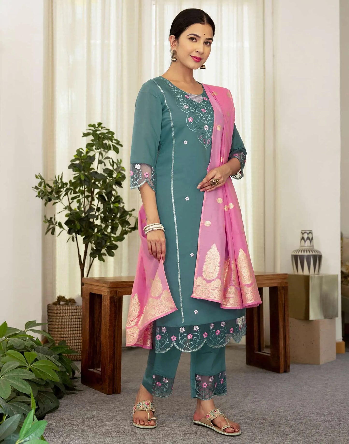 Silk Blend Embroidered Straight Kurta with Pant & Dupatta