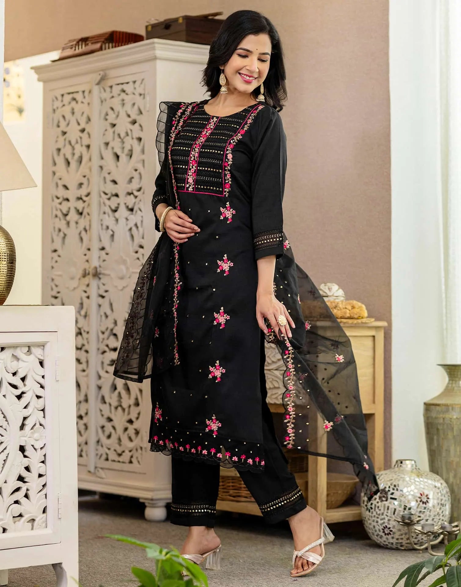 Black Silk Blend Embroidery and Sequins Work Straight Kurta with Pant and Dupatta