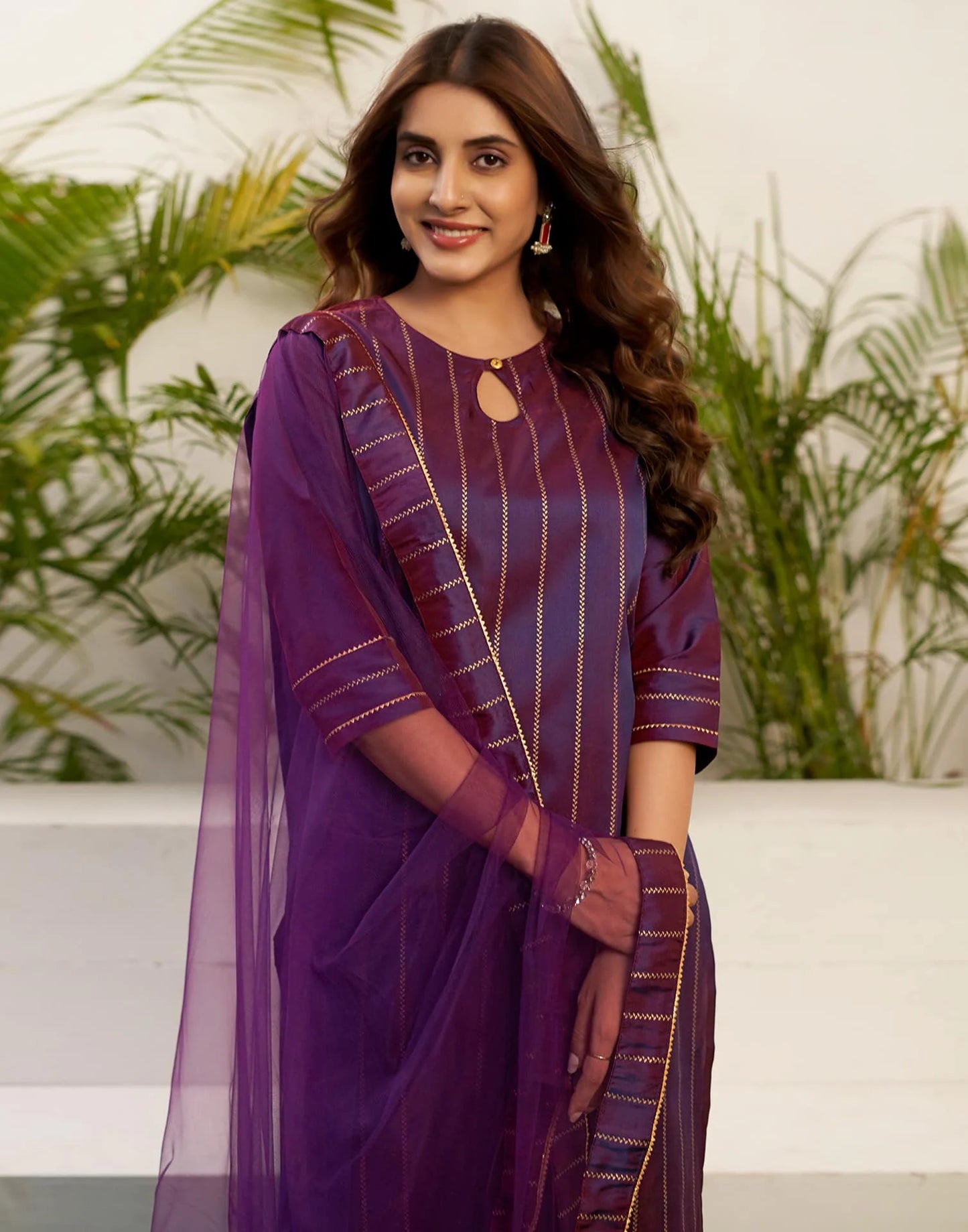 Silk Blend Foil Print and Lace Straight Kurta with Pant & Dupatta