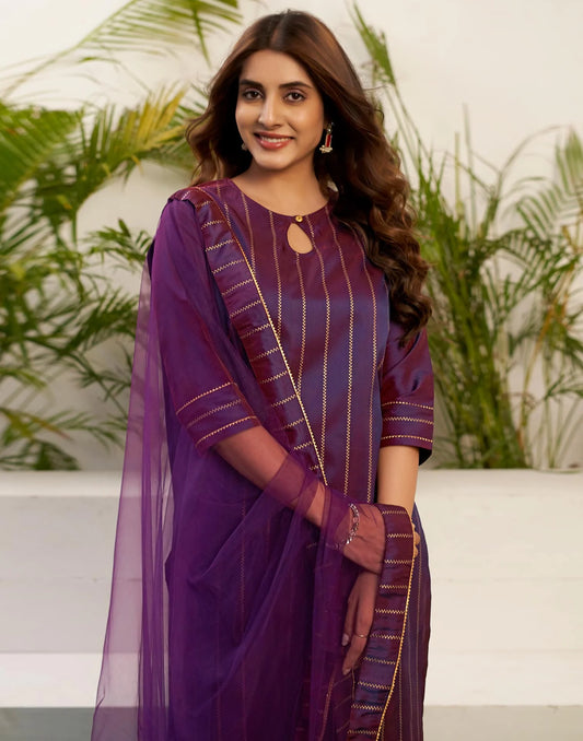 Silk Blend Foil Print and Lace Straight Kurta with Pant & Dupatta