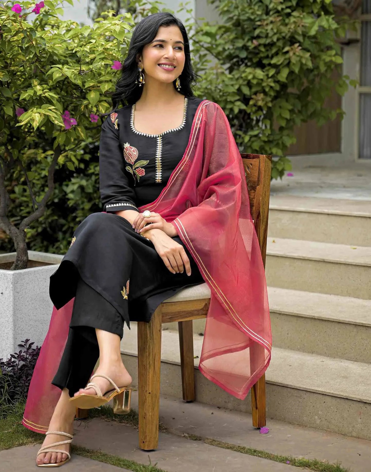 Silk Blend Embroidered Straight Round Neck Kurta with Pant & Dupatta