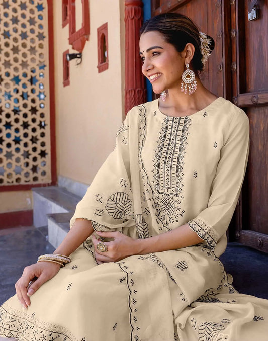 Beige Silk Embroidered and Sequins Work Straight Kurta Set with Pant & Dupatta for Women