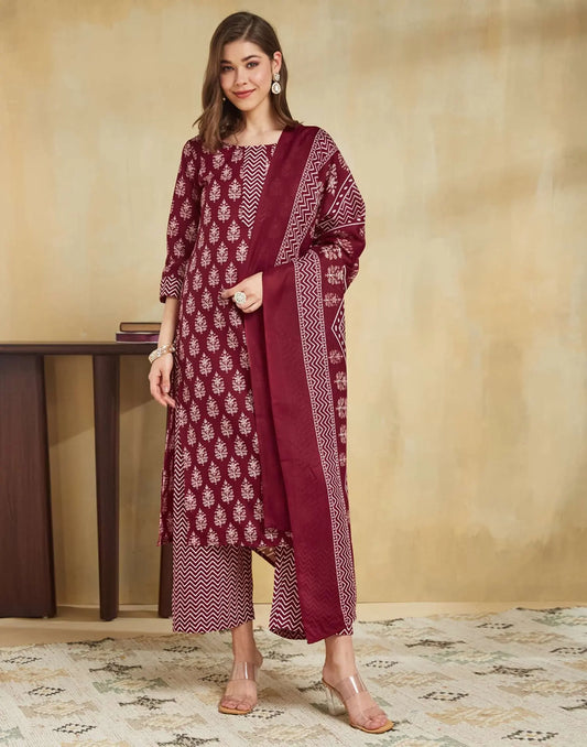 Cotton Blend Printed and Printed Lace Straight Kurta with Pant & Dupatta