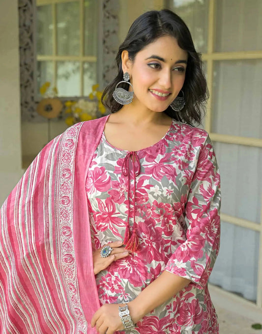 Cotton Straight Printed Keyhole Neck Kurta with Pant & Dupatta