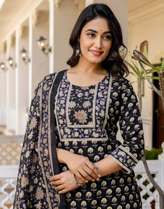 Cotton Printed Straight Kurta with Pant & Dupatta
