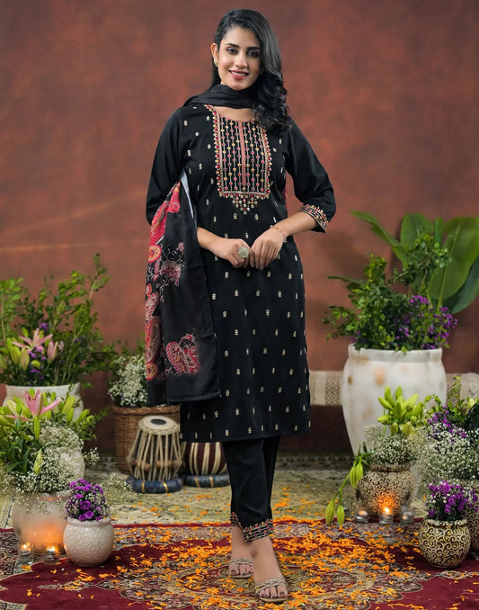 Chinnon Embroidered Straight Round Neck Kurta with Pant & Dupatta