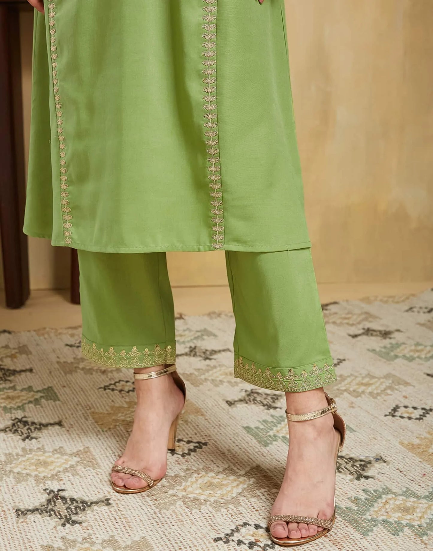 Light Green Cotton Embroidered Straight Kurta Set with Pant & Dupatta for Women