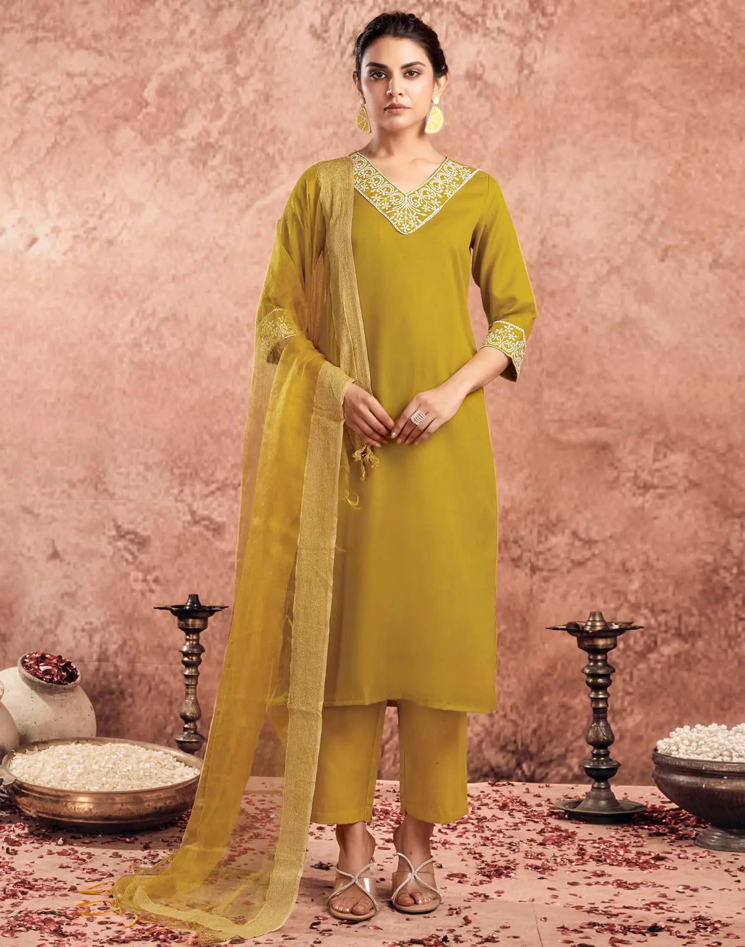 Skylee Cotton Blend Embroidered Straight 3 Piece Kurta Set For Woman