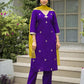 Affordable Purple Silk Embroidered Straight Kurta Set V-Neck Silk Kurti with Pant & Dupatta