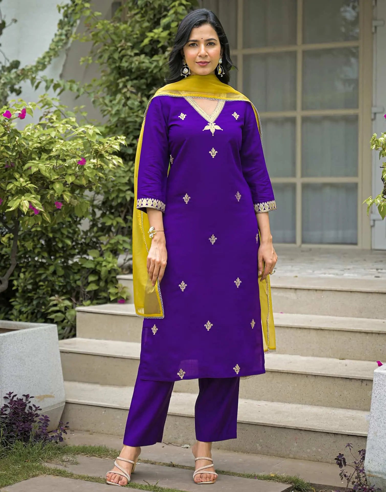 Affordable Purple Silk Embroidered Straight Kurta Set V-Neck Silk Kurti with Pant & Dupatta