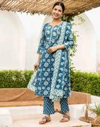 Skylee Cotton Printed Straight 3 Piece Kurta Set For Woman
