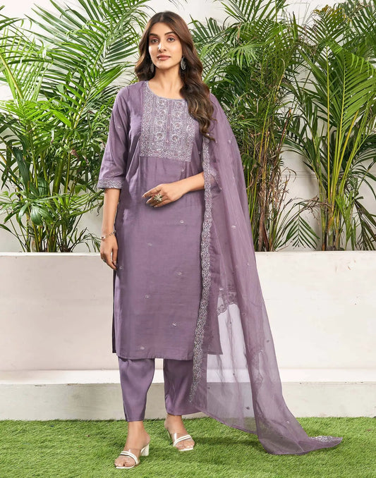 Affordable Dusty Purple Silk Embroidered Festive Kurta Set with dupatta