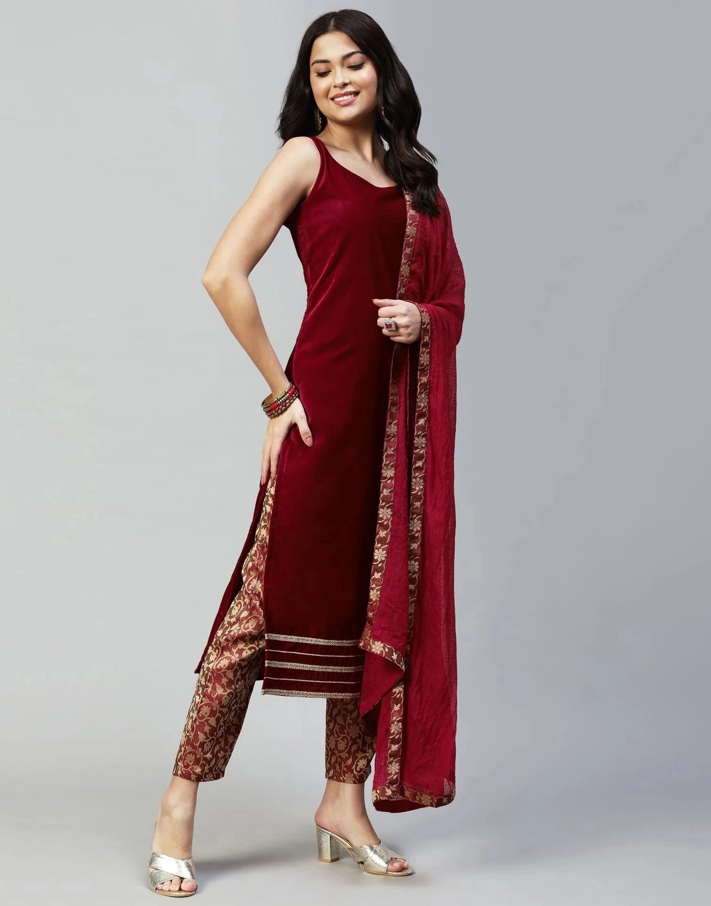 Maroon Velvet Straight Kurta Set with Pants & Dupatta under 1000