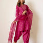 Silk Blend Straight Printed V-Neck Kurta with Pant & Dupatta