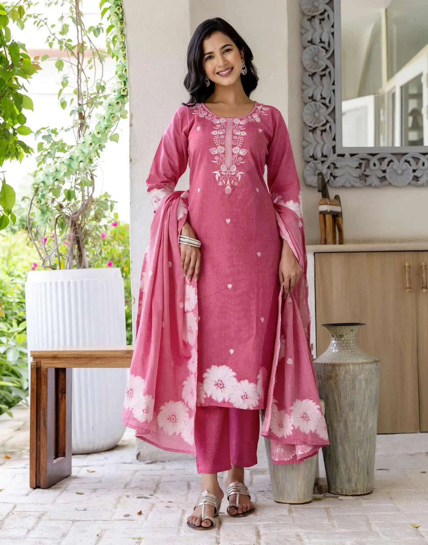 Cotton Straight Woven Design Round Neck Kurta with Pant & Dupatta