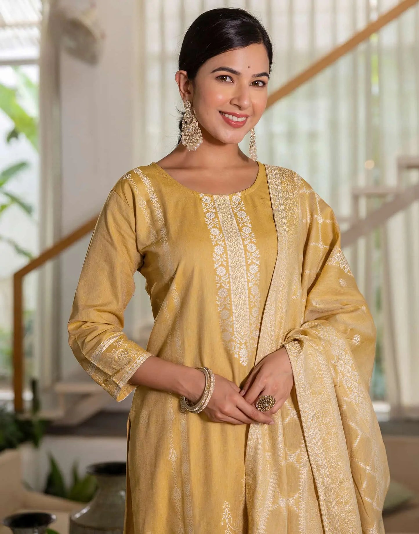 Affordable Beige Cotton Woven Straight Kurta Set Round-Neck Woven Cotton Kurti with Pant & Dupatta