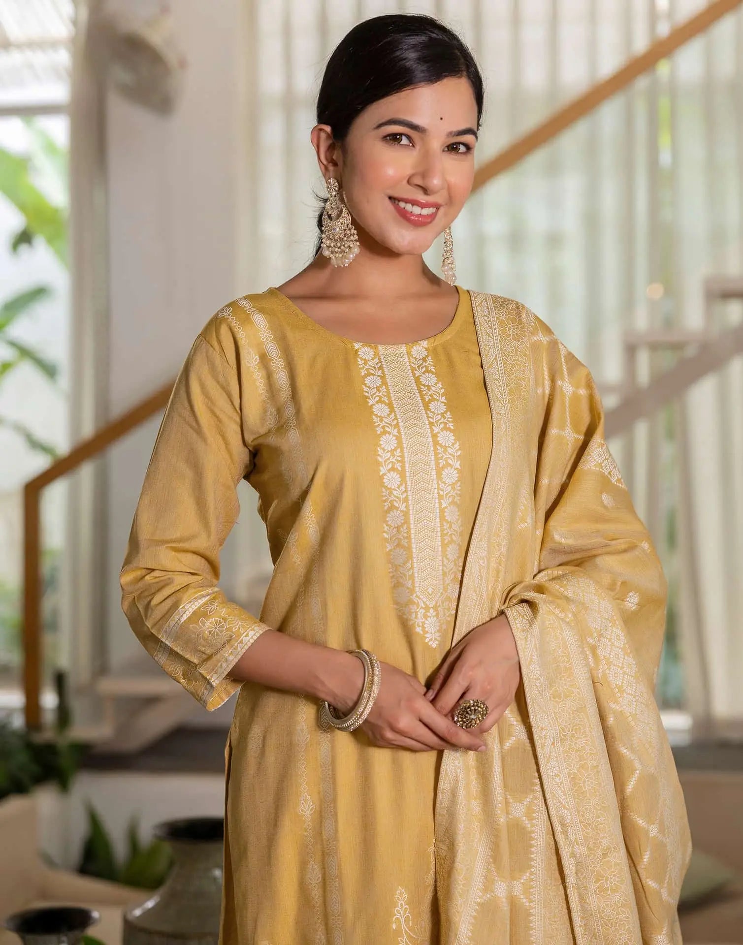 Affordable Beige Cotton Woven Straight Kurta Set Round-Neck Woven Cotton Kurti with Pant & Dupatta