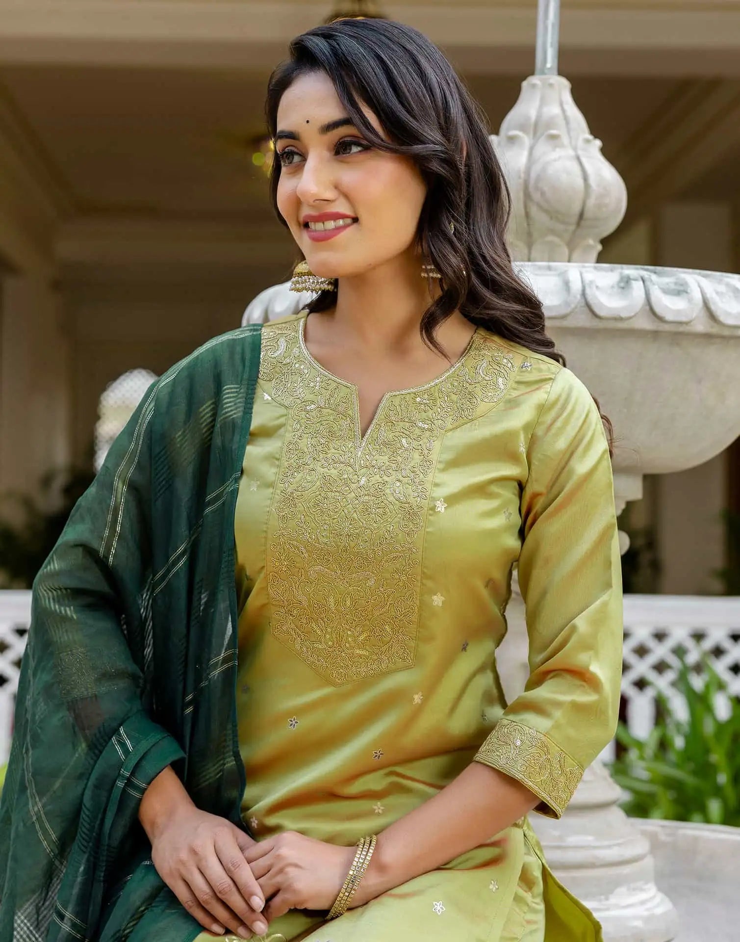 Silk Blend Sequins Work, Embroidery and Embroidery Lace, Printed and Foil Printed Straight Kurta with Pant & Dupatta