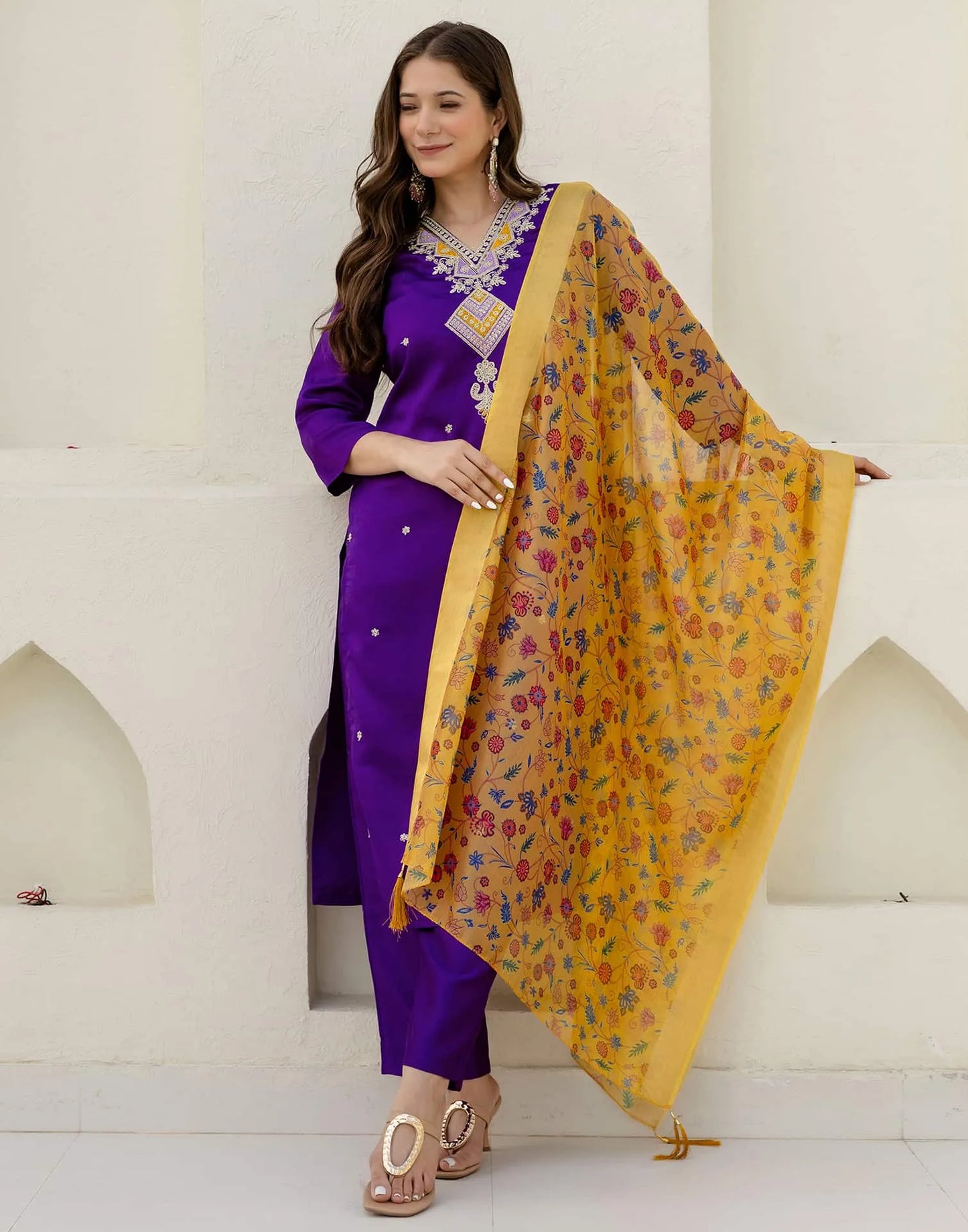 Affordable Purple Silk Embroidered Straight Kurta Set under 1299
