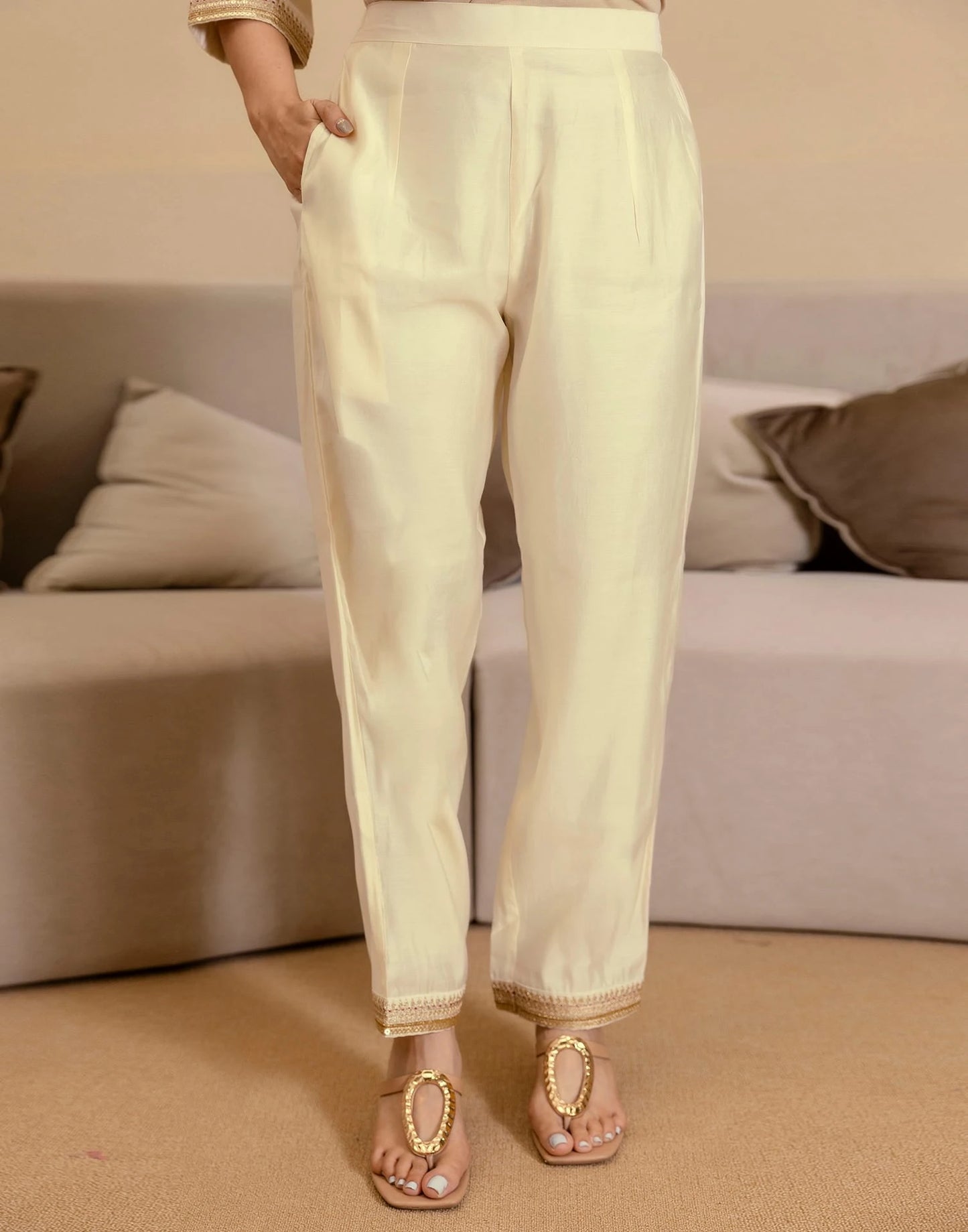 Affordable Beige Silk Embroidered Straight Kurta Set under 1299