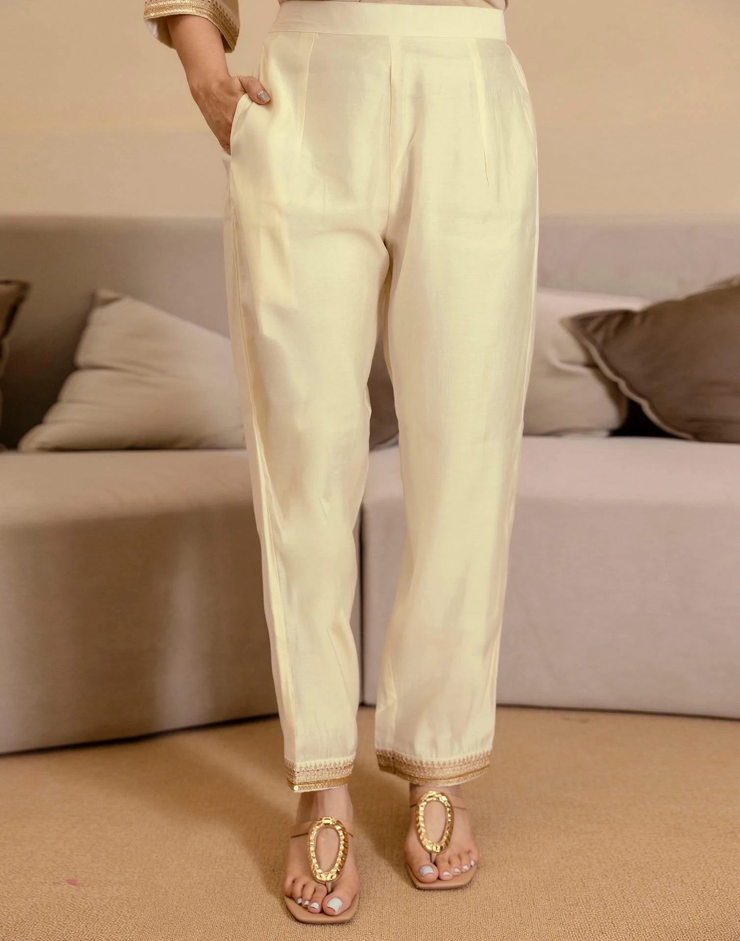 Affordable Beige Silk Embroidered Straight Kurta Set under 1299