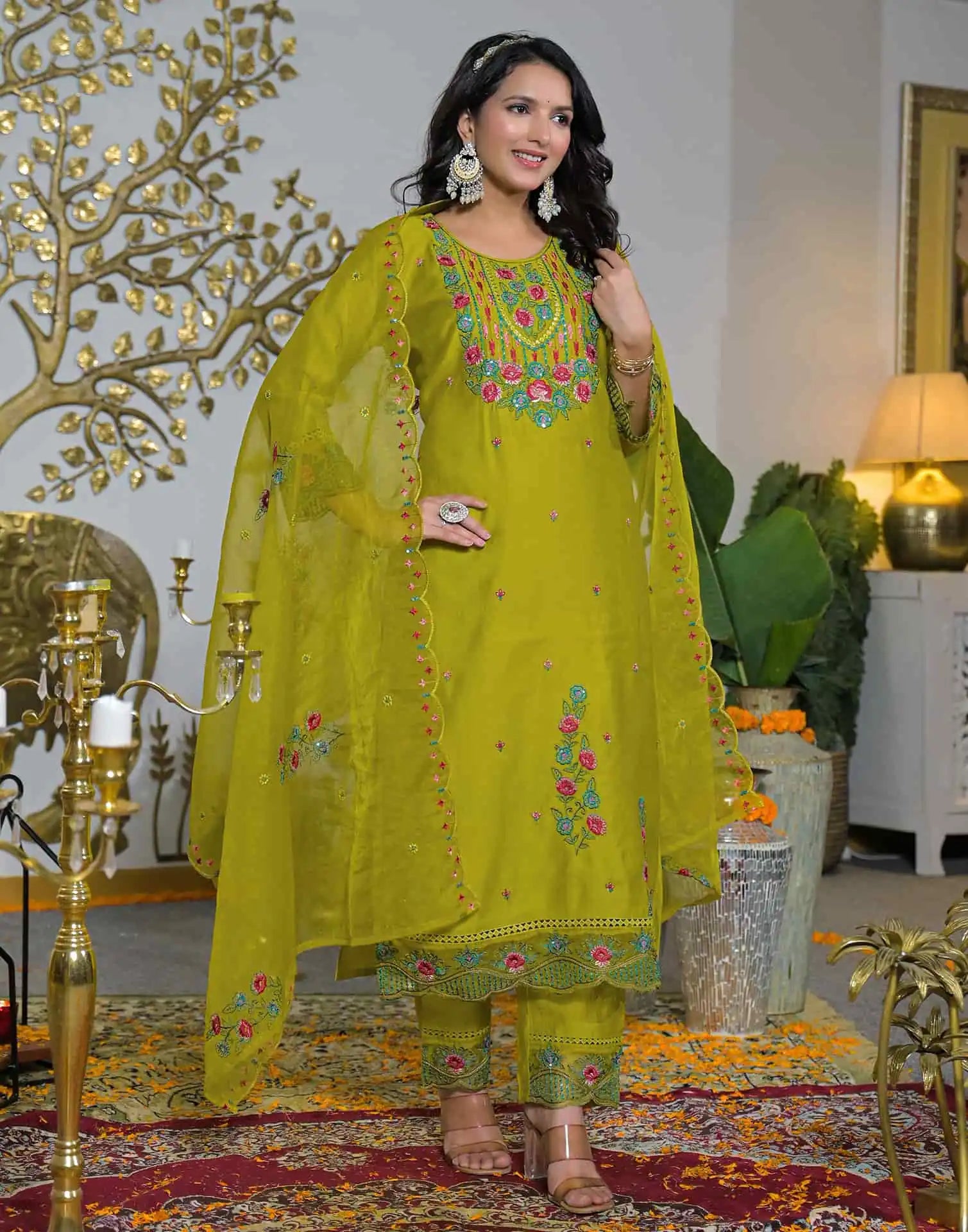 Silk Straight Embroidery Round Neck Kurta with Pant & Dupatta