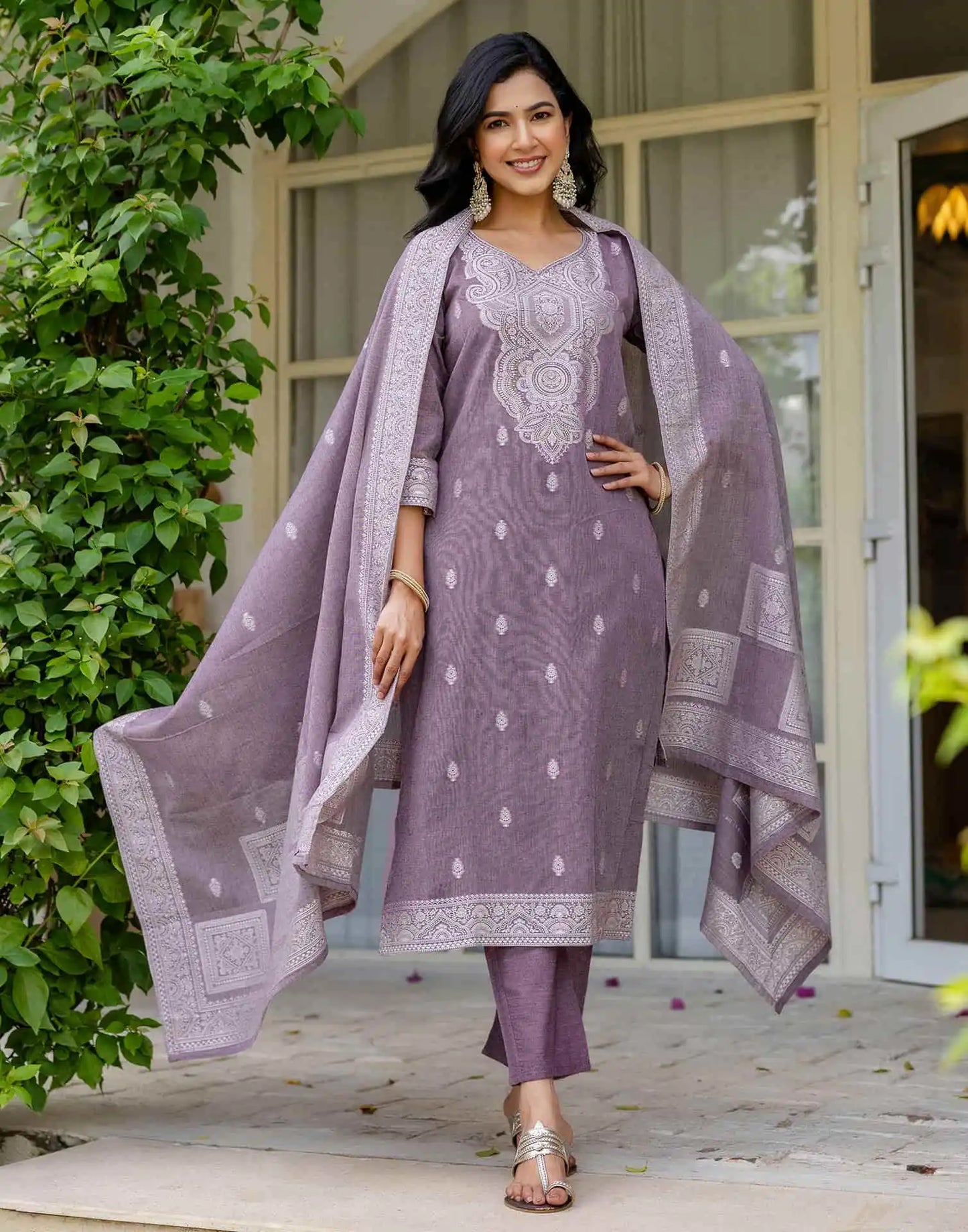V Neck Cotton Kurta Set with Dupatta Under 1299 for Festive Wear