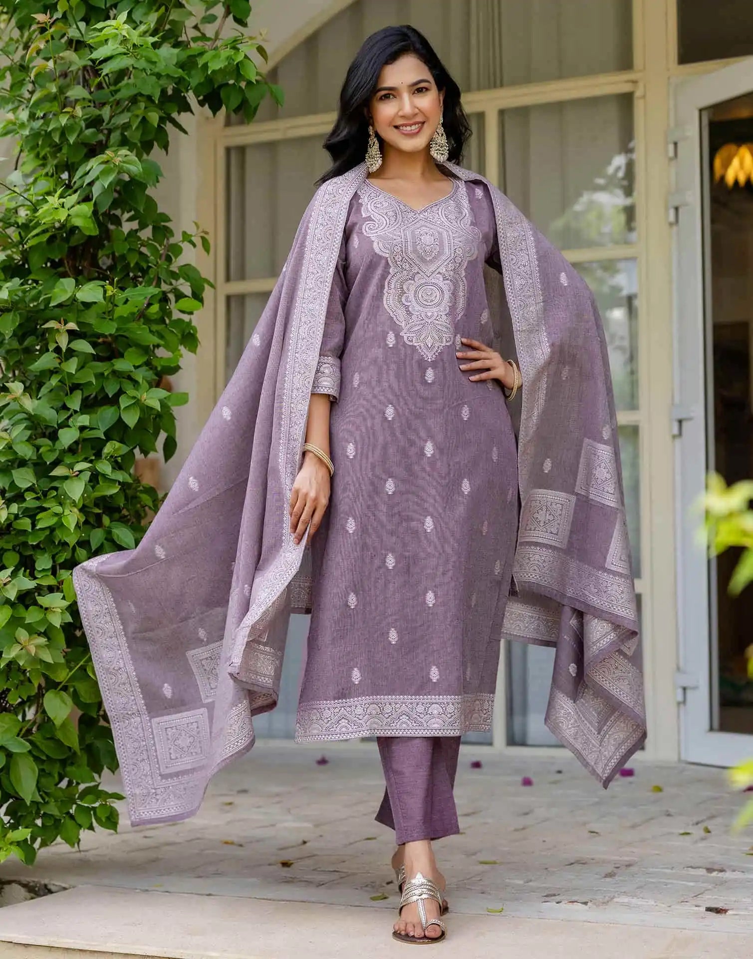 V Neck Cotton Kurta Set with Dupatta Under 1299 for Festive Wear