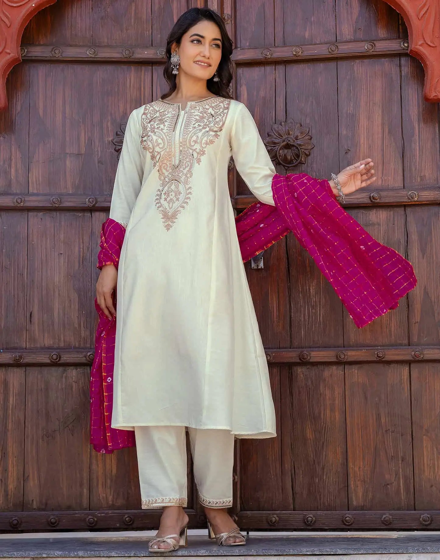 Cotton Blend Sequence, Embroidery Work and Lace Straight Kurta with Pant & Dupatta