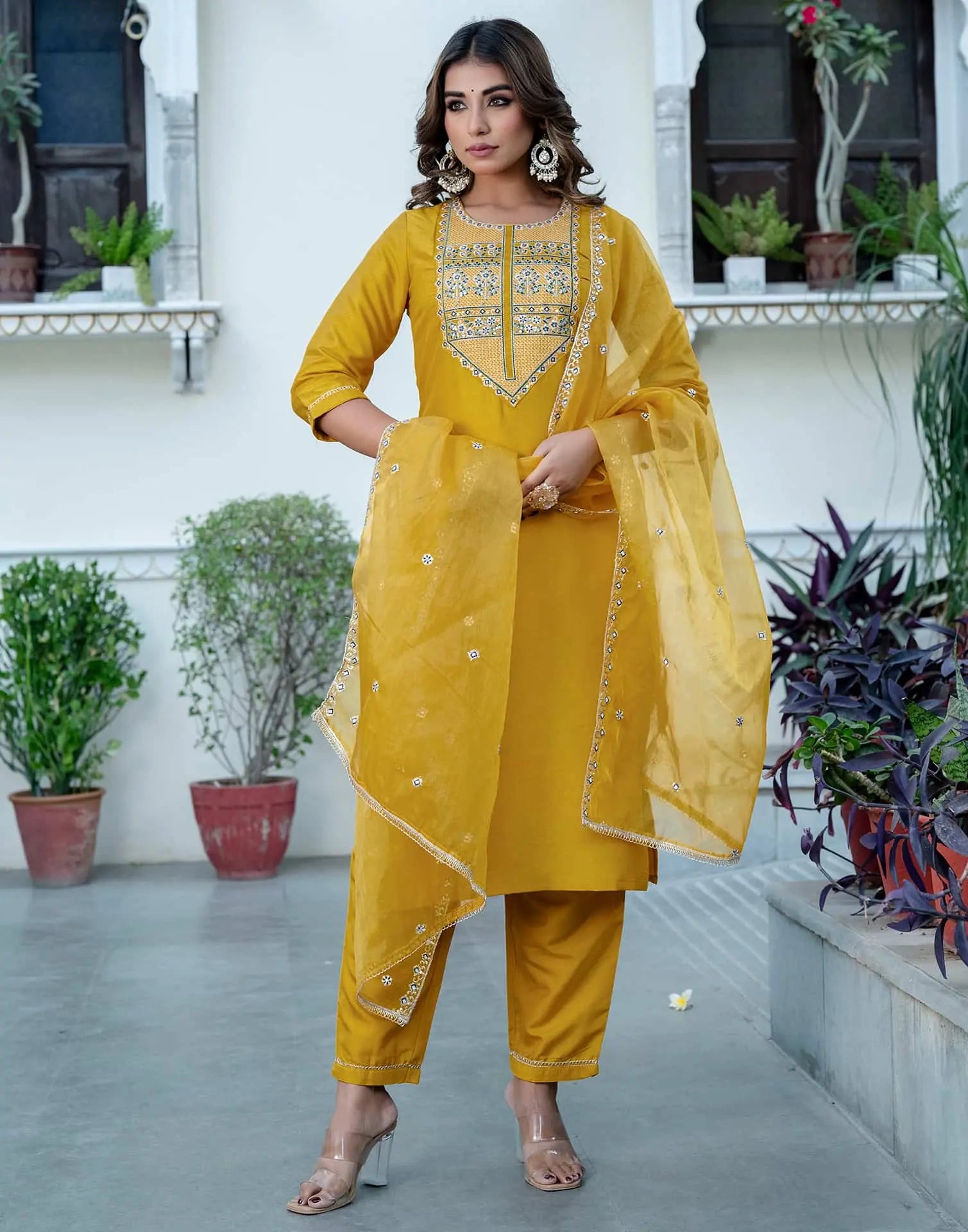 Yellow Silk Sequence Embroidered Straight Kurta Set with Pant and Dupatta – Elegant Wedding & Festive Wear for Women