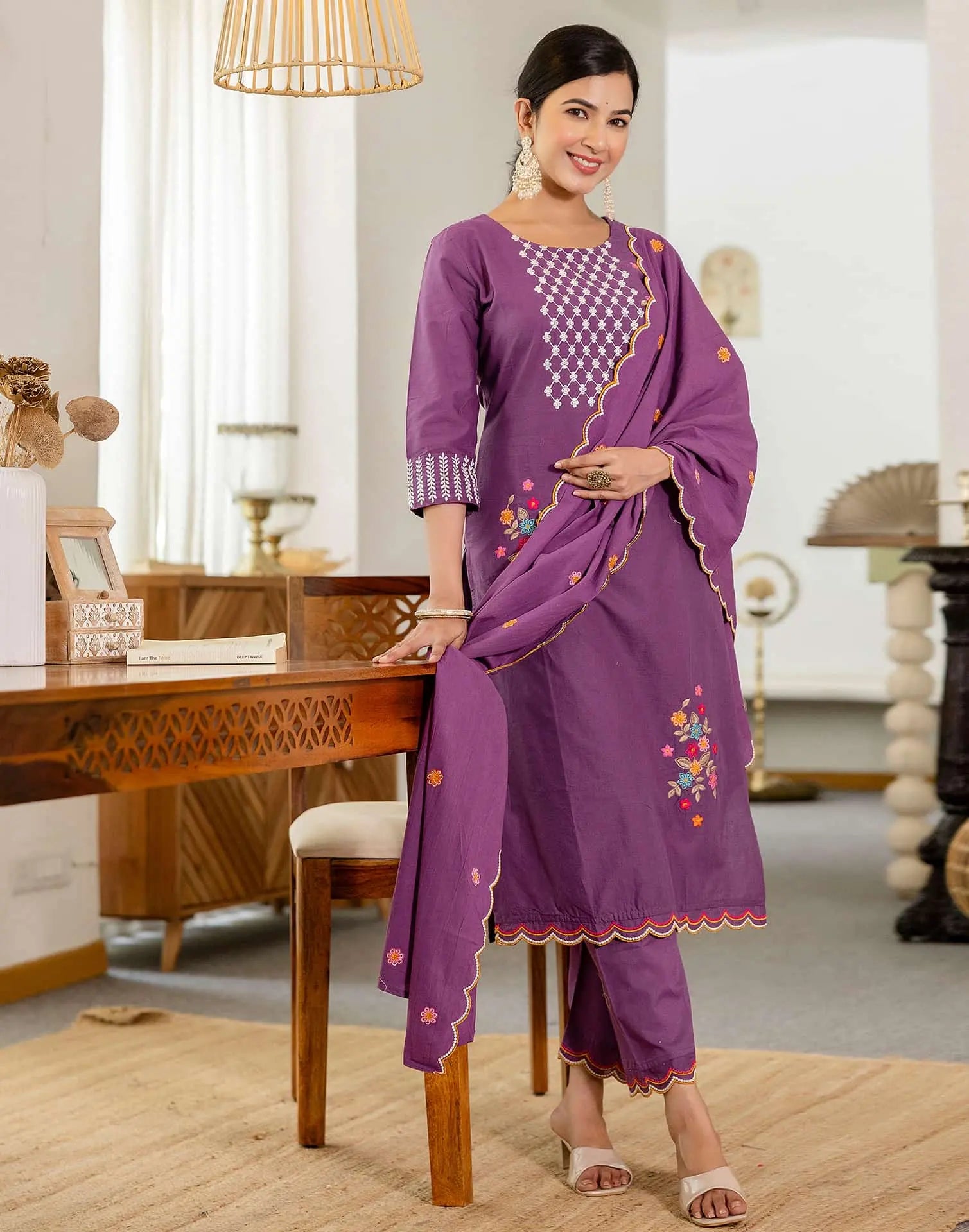 Skylee Purple Cotton Embroidered Straight Kurta with Pant & Dupatta