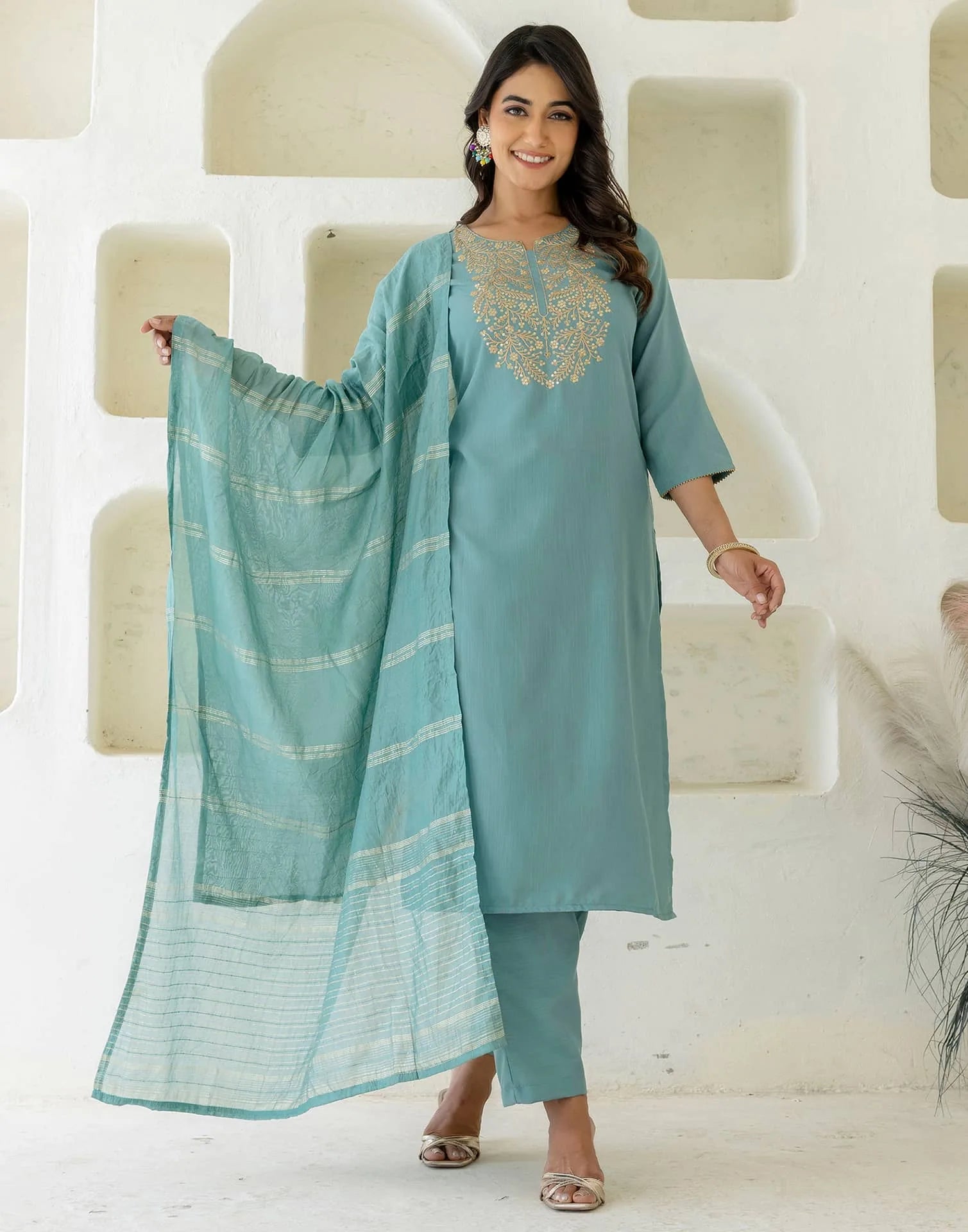 Light Green Cotton Embroidered Straight Kurta with Pant and Dupatta