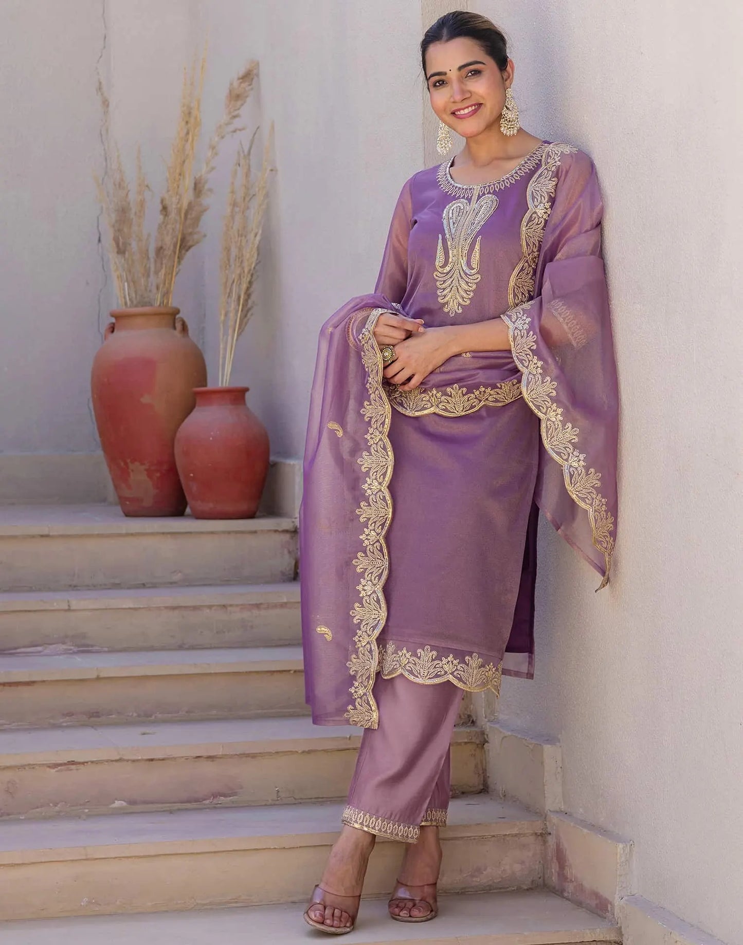 Affordable Ethnic Wear Purple Net Sequins Embroidered Kurta Set with Lace, Pant & Dupatta