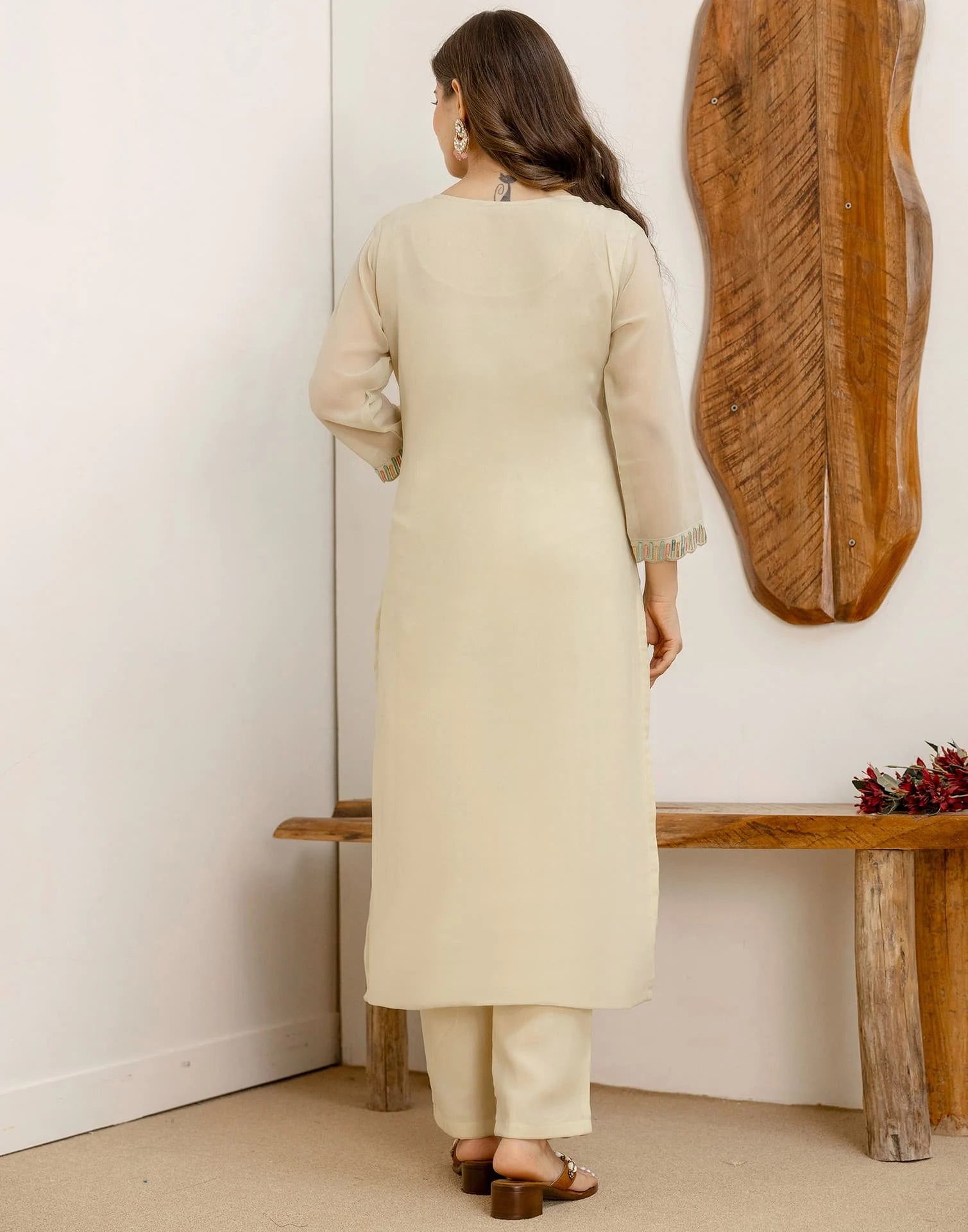 Beige Georgette Embroidered Kurta Set with Pant & Dupatta