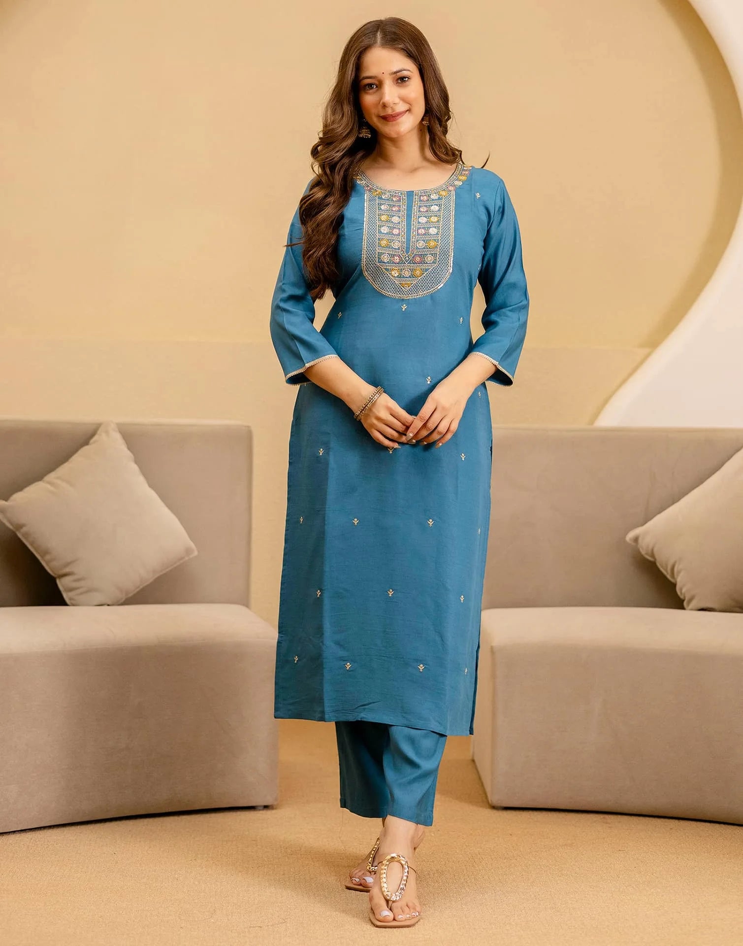 Skylee Silk Blend Embroidered Straight 3 Piece Kurta Set For Woman