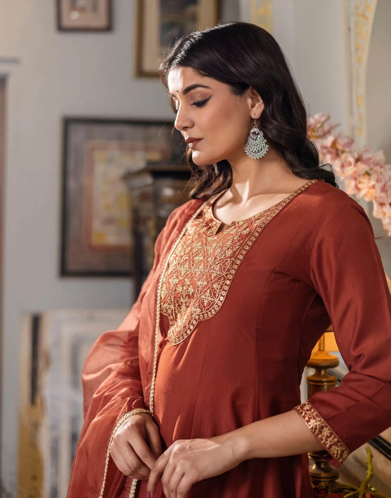 Skylee Poly Chinnon Embroidered A-Line 3 Piece Kurta Set For Woman