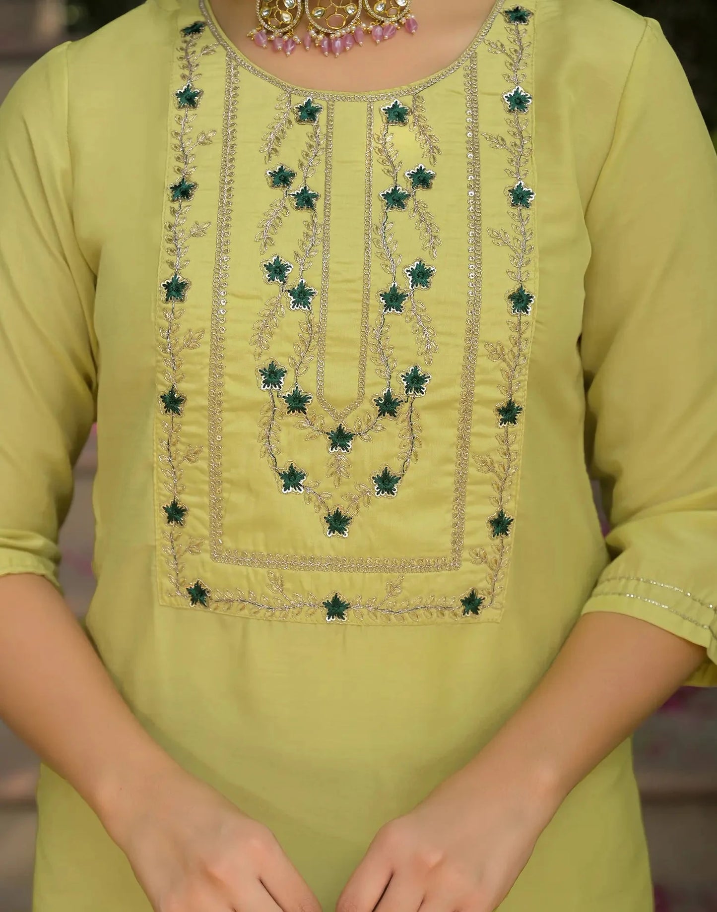 Chinnon Embroidered Round Neck Straight Kurta with Pant & Dupatta
