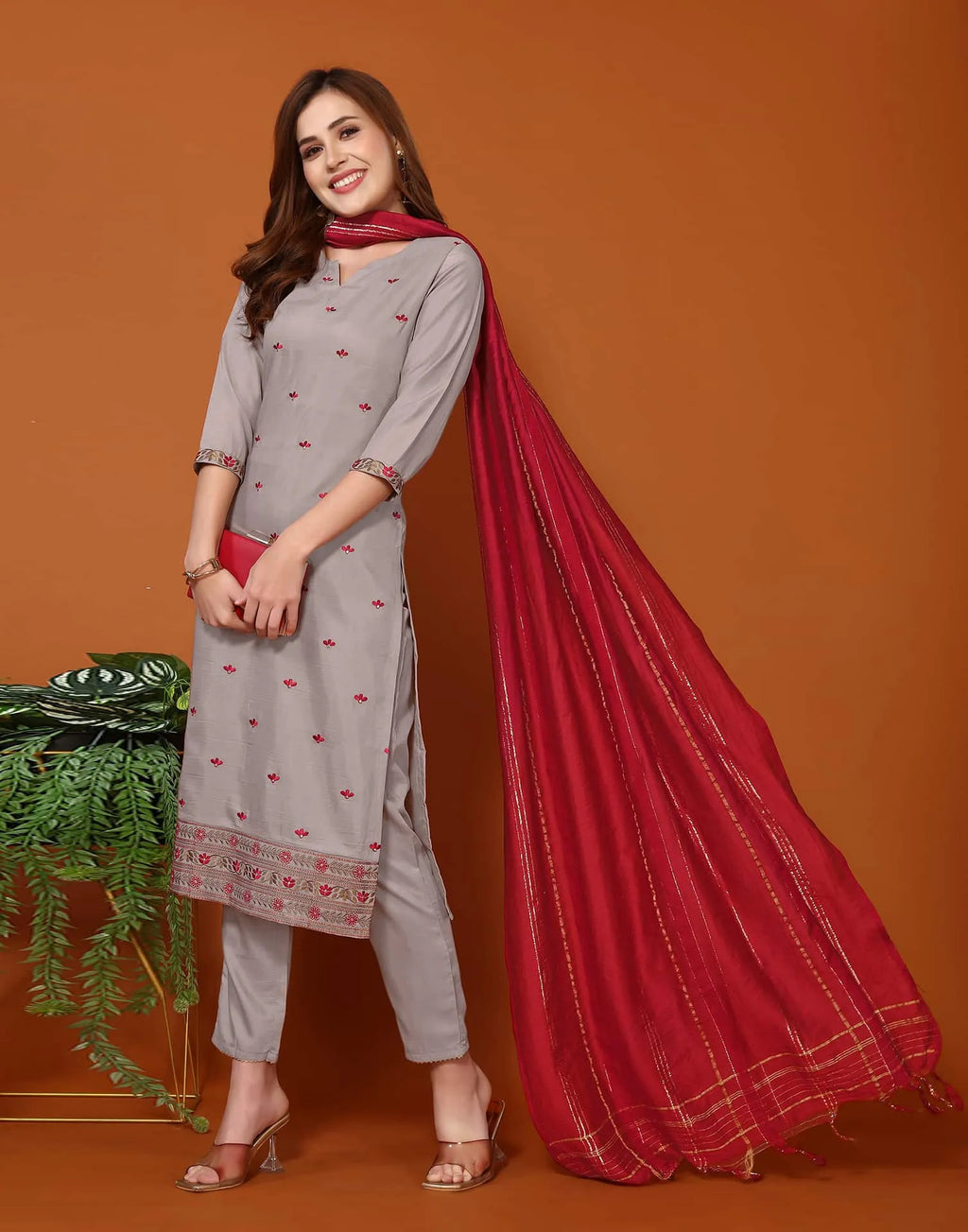 Embroidered Cotton Kurta Set with Dupatta under 999 V-Neck Kurti Set