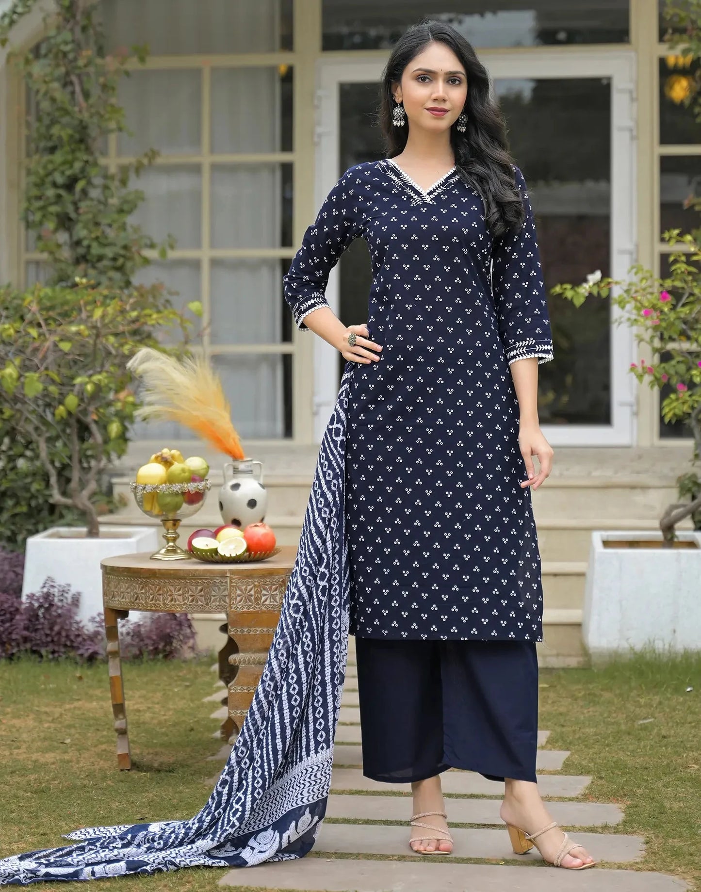 Cotton Printed V-Neck Straight Kurta with Pant & Dupatta