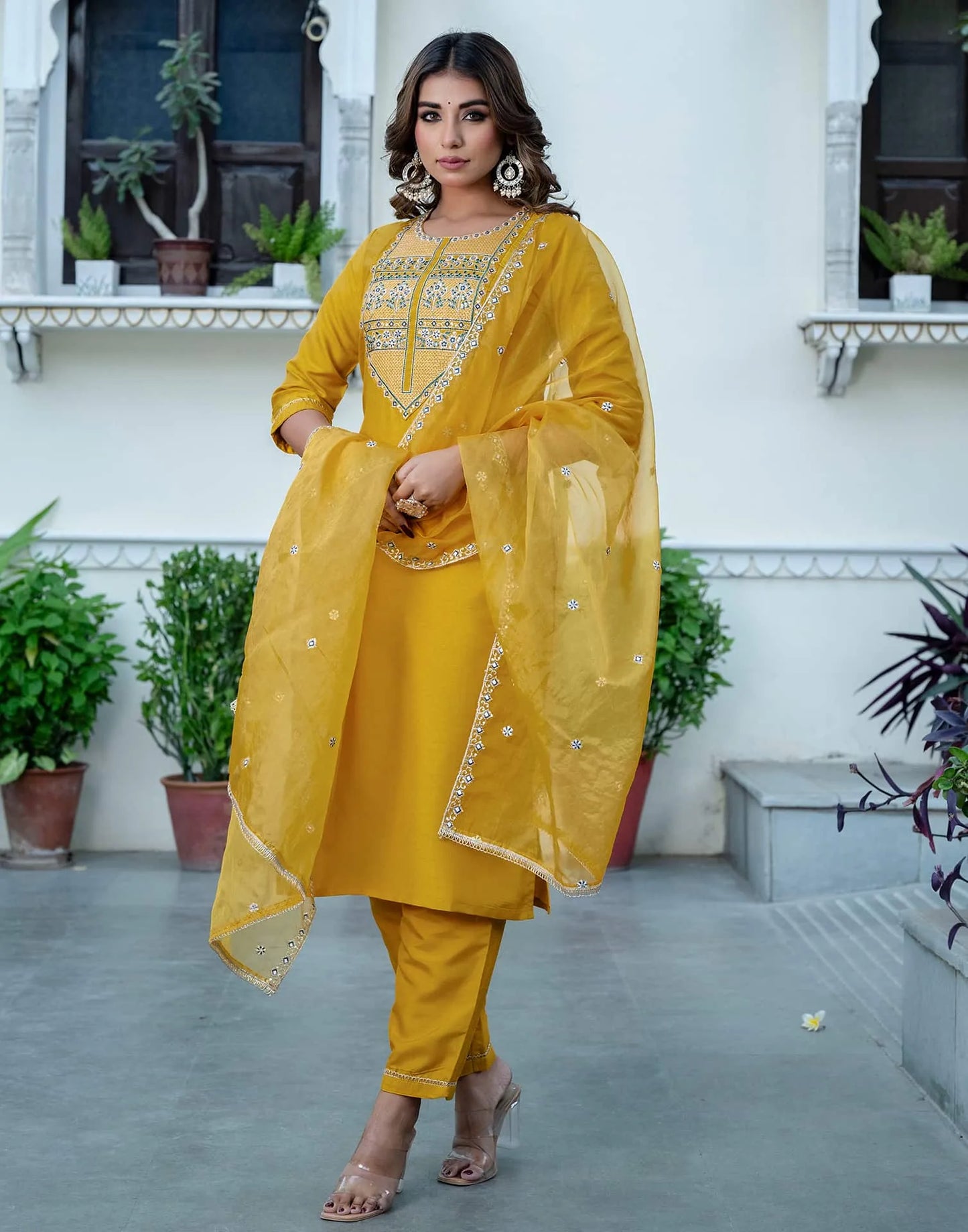 Yellow Silk Sequence Embroidered Straight Kurta Set with Pant and Dupatta – Elegant Wedding & Festive Wear for Women