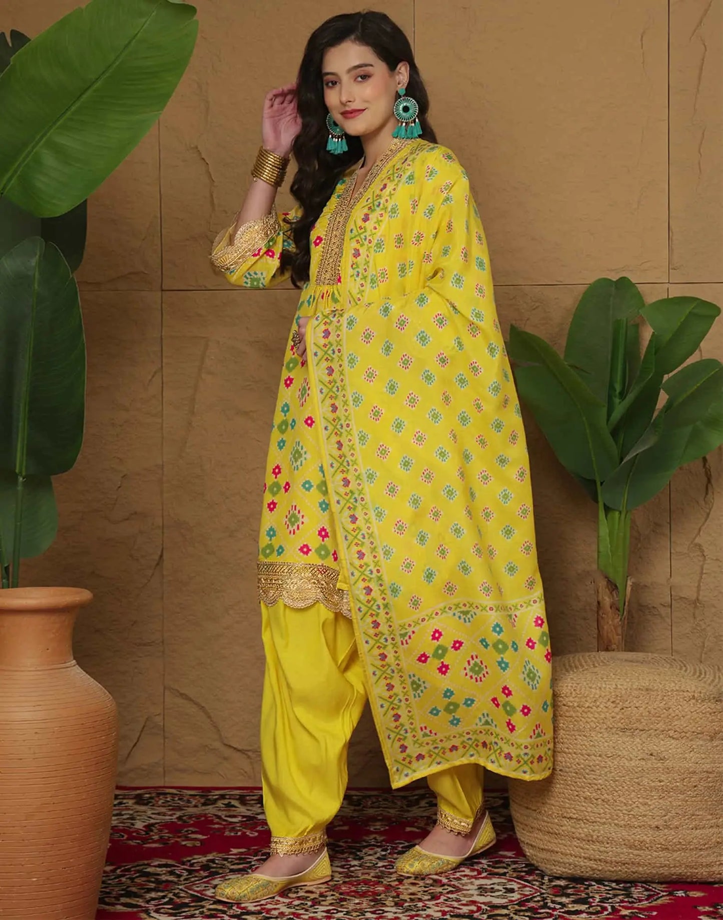 Yellow Silk Printed Straight Kurta Set for Women with Patiala Pant and Dupatta