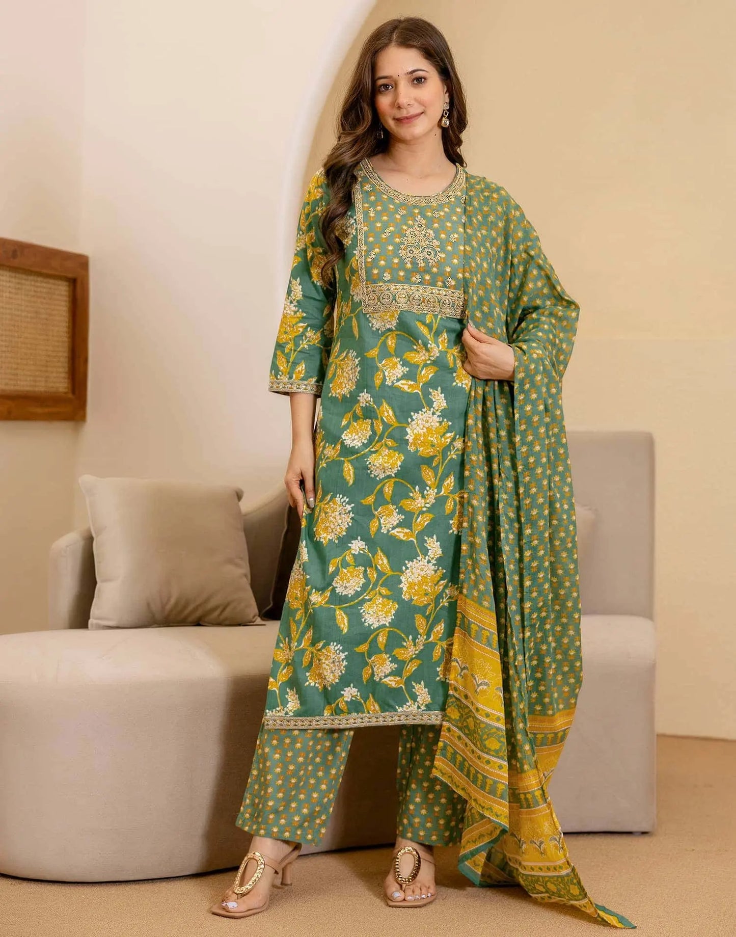 Cotton Printed Straight Kurta with Pant & Dupatta