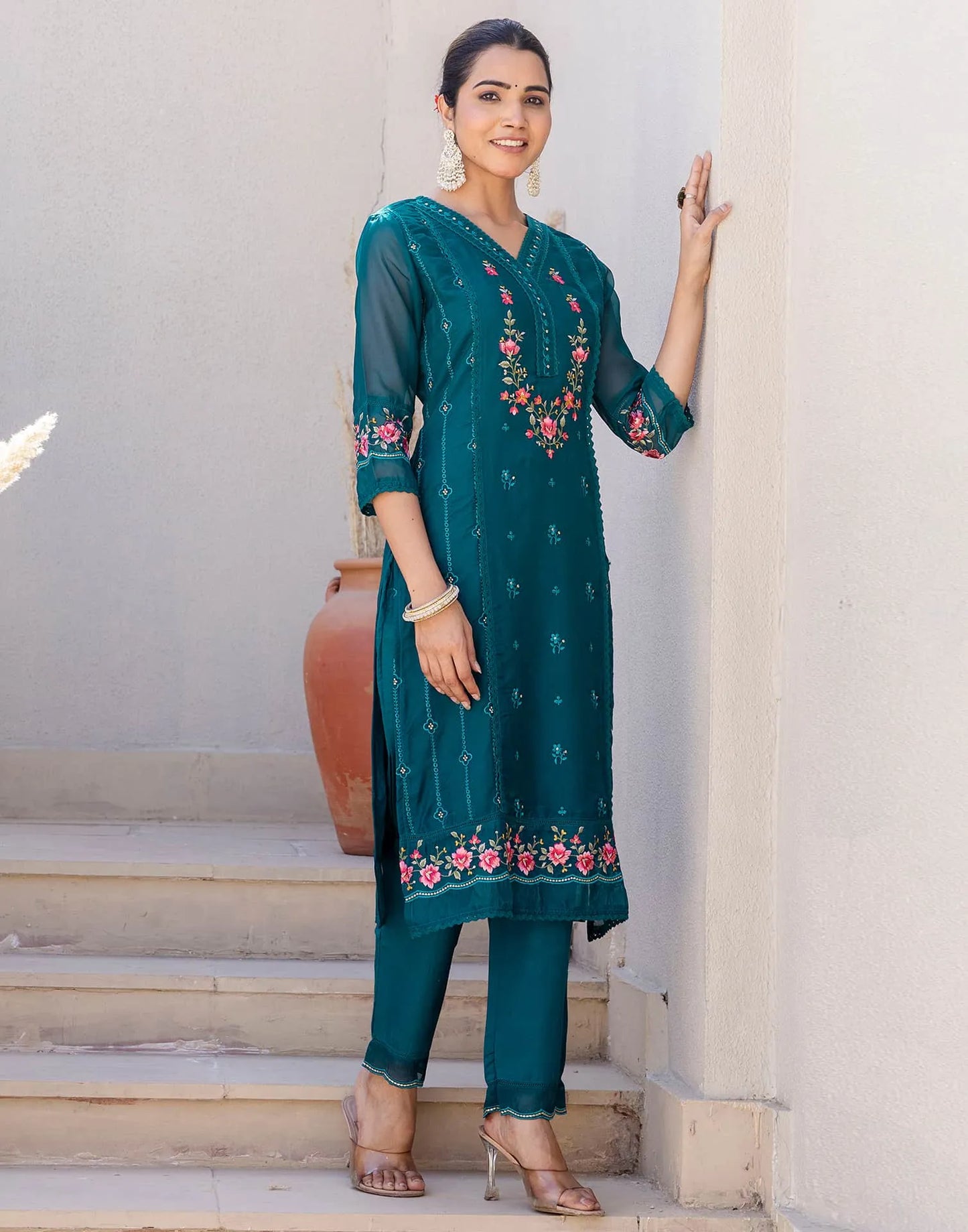 Blue Silk Blend Embroidery Straight Kurta Set for Women with Pant & Dupatta