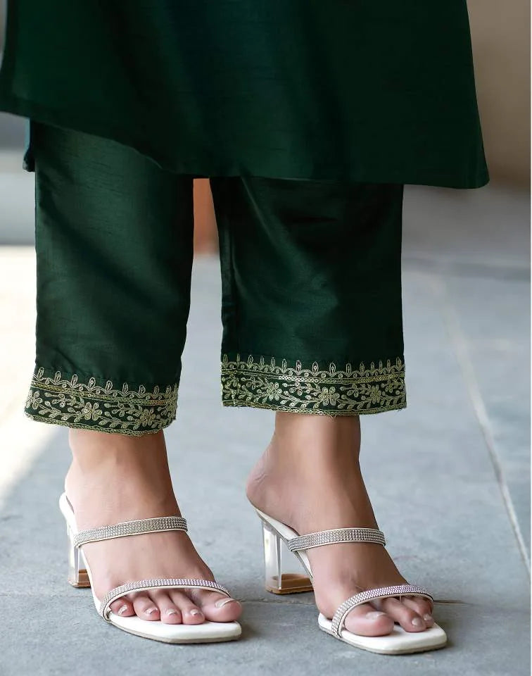 Skylee Dark Green Silk V Neck Sleeve Straight Kurta Set with Pant & Dupatta